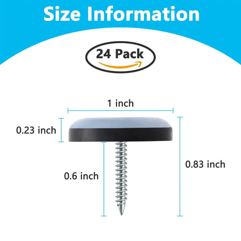 Screw On Chair Gliders 1 Inch PTFE Teflon Floor Protectors dimensions illustration 24 Pack with screw and size details