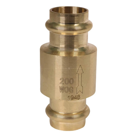 Cast brass inline check valve, lead-free, spring-loaded, 3/4 in press connections for backflow prevention.