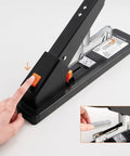 Heavy Duty Long Arm Stapler Handles Two Hundred Ten Sheets Like A Champ - close-up of jam ejector button in black.