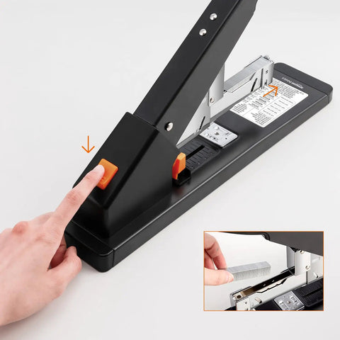 Heavy Duty Long Arm Stapler Handles Two Hundred Ten Sheets Like A Champ - close-up of jam ejector button in black.