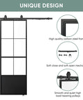 Frosted Tempered Glass Sliding Barn Door Panel With Pre Drilled Carbon Steel Frame 32 Inch By 84 Inch Includes Five And A Half Foot Hardware Kit And Soft Close Mechanism Easy Install For Modern Home Or Office Room Divider, showcasing unique design features.