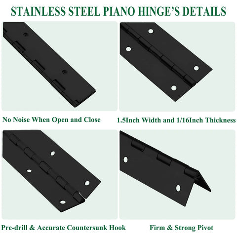 Two-pack black stainless steel piano hinges, 2 in open width by 18 in length, 0.06 in thick with mounting holes.