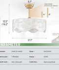 Akiuzna Boho Shell Caged Ceiling Fan with Light and Remote, Fandelier dimensions and features diagram on wall.