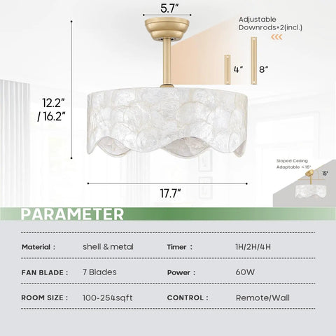 Akiuzna Boho Shell Caged Ceiling Fan with Light and Remote, Fandelier dimensions and features diagram on wall.