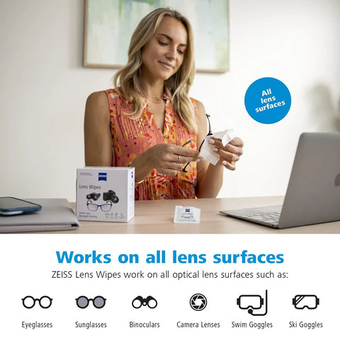 Front view of ZEISS Pre-Moistened Lens Cleaning Wipes 200-count box with individual sachets on a desk