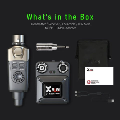 U4 Wireless In-Ear Monitor System For Studio And Live Gigs package with receiver, transmitter, cables, adapter, and pouch