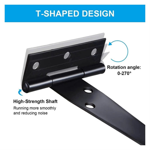 T-shaped design of Heavy Duty T Hinges 6 Piece Set 4 Inch Solid Iron Barn Gate Hardware illustrating rotation angle.