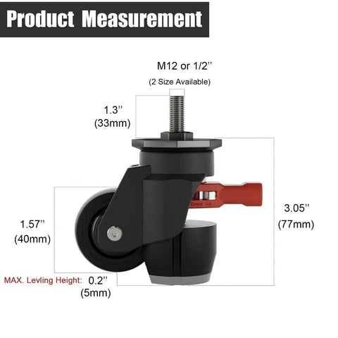 Four Pack Heavy Duty Leveling Casters Set With 580 Lb Capacity, Adjustable Height 0.2 In, 360 Degree Swivel, M12 And Half Inch Stems, Built For Workbenches, Machines, Equipment, And Heavy Furniture