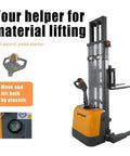Heavy Duty Full Electric Pallet Stacker Delivering 3300 Lb Capacity And 130 Inch Lift Height Gel Battery Powered Forklift shown with control handle.