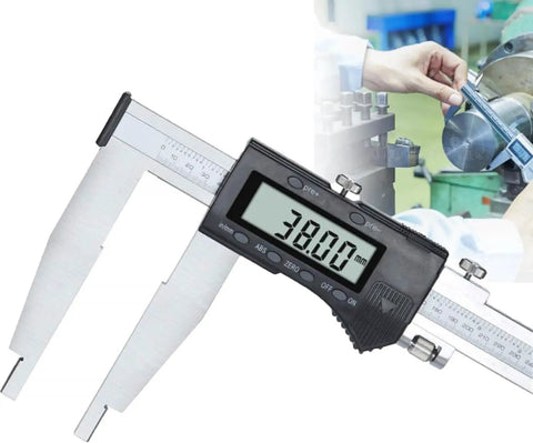 Large Range Long Jaw Digital Caliper 0-800mm/31.5 Inch, stainless steel caliper displaying 38.00 mm, used for precise measurements.