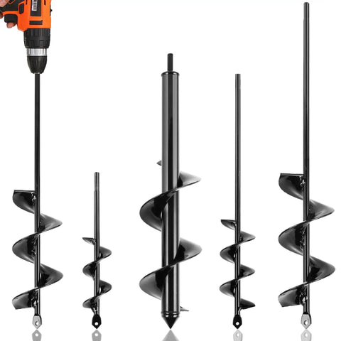 Auger Drill Bits For Planting Set Of 4 Spiral Garden Bulb Planter Tools displayed with hex drive drill.