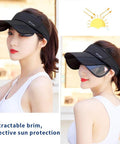 Women Sun Visor Hat With Retractable Brim And Adjustable Fit For Golf Beach And Tennis Use shown on woman outdoors, black color