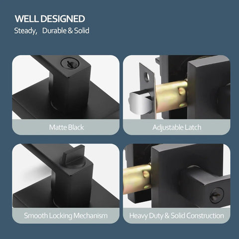 Close-up of Entry Lever Door Handle With Deadbolt Lock Set For Front Door Or Office, matte black, showing features and construction.