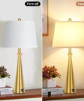Two Dope Gold Table Lamps With USB Ports And Rotary Switch, 26 Inch Tall Brass Nightstand Lamps With White Fabric Shade, E26 Edison Socket