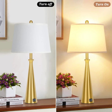 Two Dope Gold Table Lamps With USB Ports And Rotary Switch, 26 Inch Tall Brass Nightstand Lamps With White Fabric Shade, E26 Edison Socket