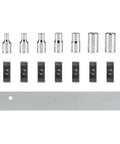 Top view of One Quarter Inch Drive Shallow External Star Socket Set On Rail Eight Piece with E4 to E12 displayed on white background