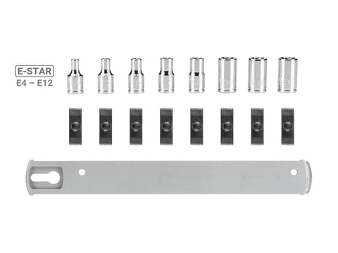 Top view of One Quarter Inch Drive Shallow External Star Socket Set On Rail Eight Piece with E4 to E12 displayed on white background