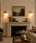 BOKT Ribbed Glass Battery Operated Wall Sconce Set of 2 with 12 RGB Colors installed over a fireplace in a cozy living room.