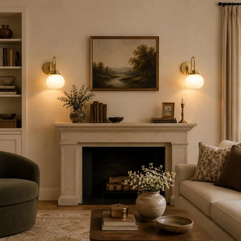 BOKT Ribbed Glass Battery Operated Wall Sconce Set of 2 with 12 RGB Colors installed over a fireplace in a cozy living room.