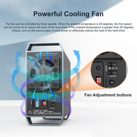Cooling fan controls on No Sweat Dual Bay Raid Enclosure For 3.5 Inch Sata Hard Drives With Chill Cooling Fan.