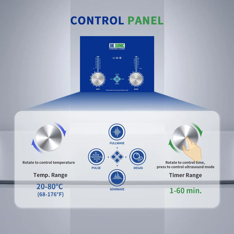 Control panel of Next Level Dual Frequency Ultrasonic Cleaner With 2 Liter Tank showing temperature and timer settings.