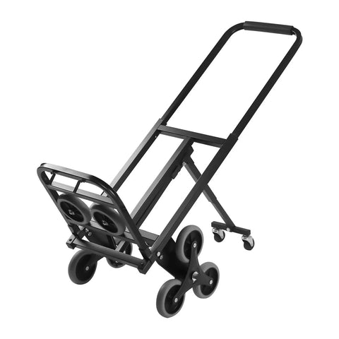 Heavy Duty Stair Climbing Dolly With Ten Wheels For No Sweat Moving, 551 Pound Flat Ground Weight Limit, Foldable Steel Cargo Cart Built Like A Tank For Bulky Furniture And Daily Hauls, shown at an angle with wheels.