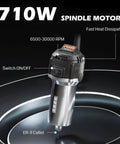 Close-up of 710W spindle motor for 3020-PRO Ultra CNC Router Machine with heat dissipation and speed settings visible.