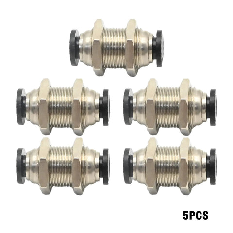 Five bulkhead union push-on fittings, 6mm to 6mm, metal body for air and water systems