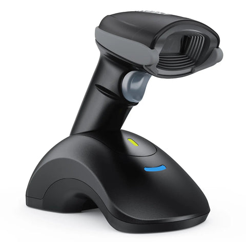Bluetooth Barcode Scanner With USB Charging Cradle 1D 2D QR Reader For iOS Android Windows Mac OS Long Range Bluetooth 5.0 Omnidirectional Scanning Hands Free No Fuss Use And Tool Free Battery Replacement
