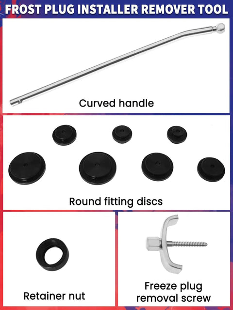Diesel Engine Frost Plug Installer Remover Kit 10 Piece Pro Grade Heavy Duty with curved handle, discs, nut, and screw.