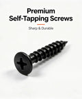 Close-up of Go-To Drywall Screws Kit With 220 Black Wood Screws In 5 Sizes, sharp black Phillips coarse thread screw on white background.
