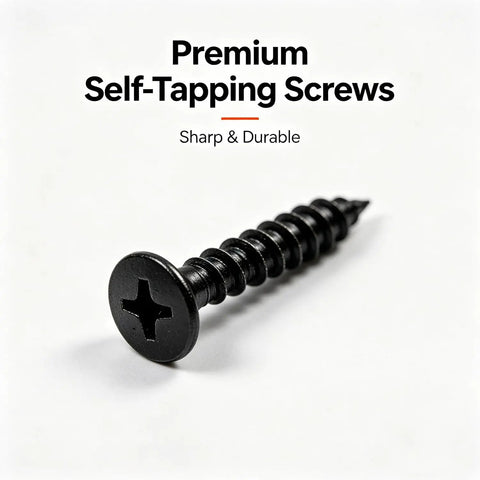 Close-up of Go-To Drywall Screws Kit With 220 Black Wood Screws In 5 Sizes, sharp black Phillips coarse thread screw on white background.