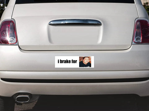 Bumper sticker magnet on rear of car; white panel with i brake for text and a small portrait photo.