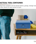 Two Pack Metal Tool Box Storage Case Organizer With Secure Latch Portable Lockable Toolbox Set on wooden shelf in room