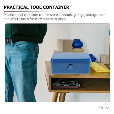 Two Pack Metal Tool Box Storage Case Organizer With Secure Latch Portable Lockable Toolbox Set on wooden shelf in room