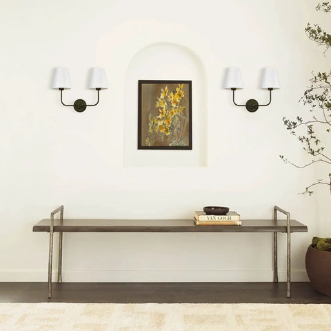 Hardwired 2 Light Dual Lamp Modern Armed Wall Sconce With Flared White Fabric Shades for bathroom vanity or living room