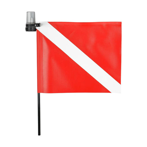Red and white dive flag with compact red underwater strobe dive light for 50m visibility go to safety signal for freediving spearfishing.