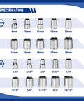 Metric and SAE sockets of the Three Eighths Inch Drive Socket Set Forty Seven Piece With Quick Release Ratchet, chrome vanadium build.