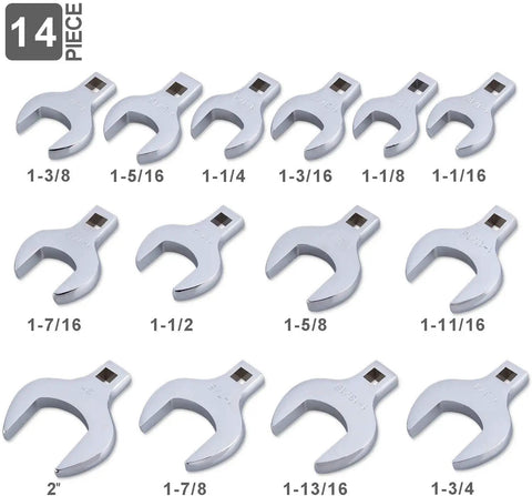 Fourteen Piece Half Inch Drive Jumbo Crowfoot Wrench Set With Chrome Vanadium Steel Construction And Rust Preventative Mirror Finish