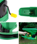 All Purpose Handheld Grass Seed Spreader for Lawn Care with adjustable settings, shown with crank handle and green hopper.