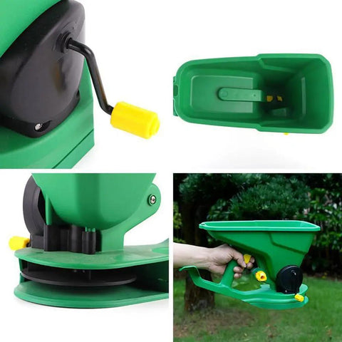 All Purpose Handheld Grass Seed Spreader for Lawn Care with adjustable settings, shown with crank handle and green hopper.