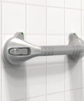 17 Inch Suction Grab Bar Set With Indicators No Drill Easy Install Two Pack For Shower Bathtub And Toilet Balance Boost Steady Handle Dual Tone Silver And Black, mounted on tile wall