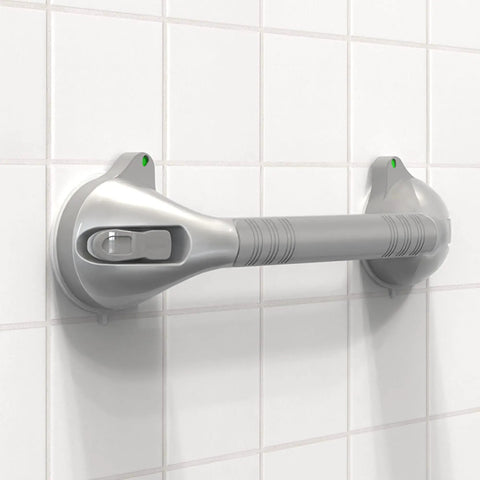 17 Inch Suction Grab Bar Set With Indicators No Drill Easy Install Two Pack For Shower Bathtub And Toilet Balance Boost Steady Handle Dual Tone Silver And Black, mounted on tile wall
