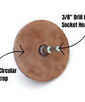 5 Inch Drill Press Sharpener For Woodworking Tools Chisels And Plane Blades Comes With Steel Arbors Acrylic Discs PSA Abrasive Discs Horsebutt Leather And Honing Compound For Fast Razor Sharp Edges And Precise Sharpening showing horsebutt circular leather strop and arbor.