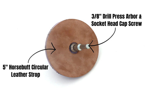 5 Inch Drill Press Sharpener For Woodworking Tools Chisels And Plane Blades Comes With Steel Arbors Acrylic Discs PSA Abrasive Discs Horsebutt Leather And Honing Compound For Fast Razor Sharp Edges And Precise Sharpening showing horsebutt circular leather strop and arbor.