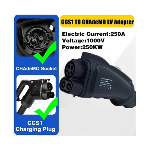 CCS1 to CHAdeMO EV Adapter DC 1000V 250A Heavy Duty Fast Charging Converter showing CHAdeMO socket and CCS1 plug.