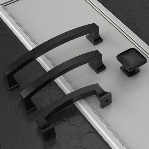 Matte Black 3 Inch Cabinet Pulls 10 Pack With 76mm Hole Centers Kitchen Cabinet Hardware Handles for Cabinets Cupboards and Drawers Easy Install Modern Flat Drawer Pulls displayed on a surface with a knob