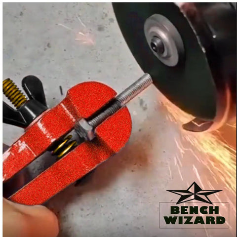 Tiny But Mighty 3 Inch Mini Handheld Vise With 1.25 Inch Jaws securing bolt during grinding