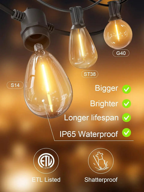 Outdoor LED String Lights 25 Ft Waterproof IP65 for Patio Cafe Bistro Backyard Balcony with shatterproof bulbs, ETL listed