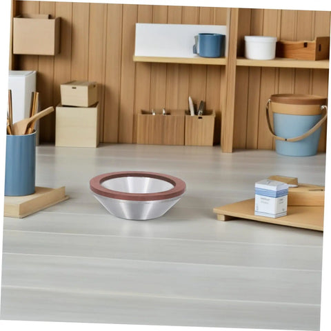Mm Bowl Shape Diamond Grinding Wheel Cup Abrasive Tool For Angle Grinder, silver and red design, placed in a workshop setting.
